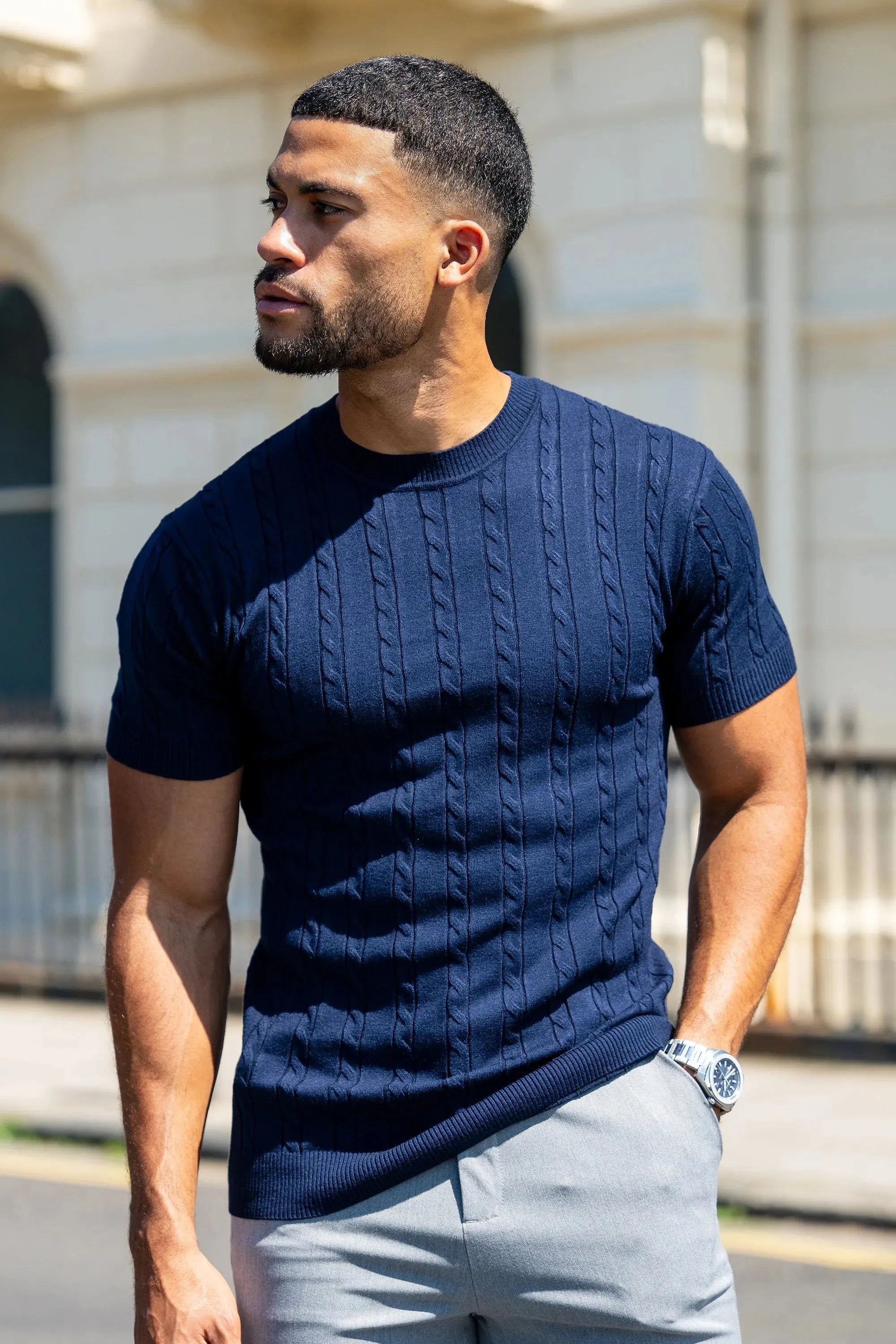 THE CABLE SHORT SLEEVE T-SHIRT - NAVY BLUE - ICON. AMSTERDAM